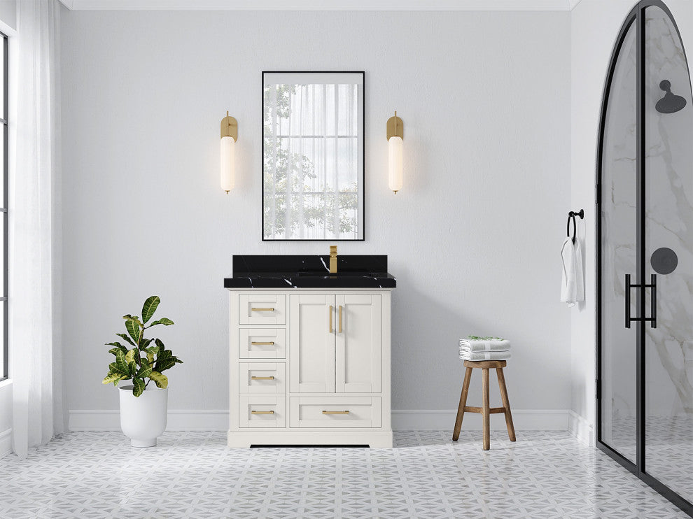 Boston 36" Right Offset Bath Vanity in Alabaster 2" Calacatta Black