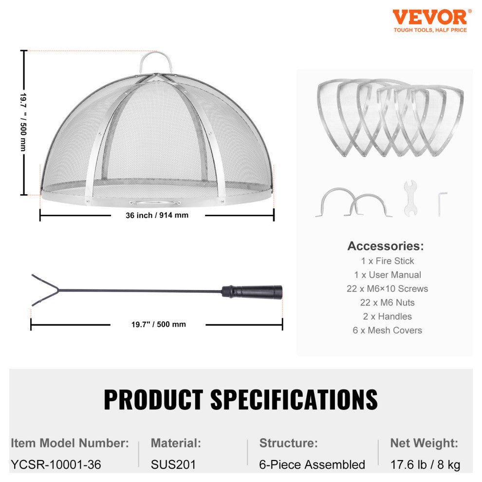 VEVOR 36" Fire Pit Round Wood Burning Spark Screen Cover Lid Stainless Steel