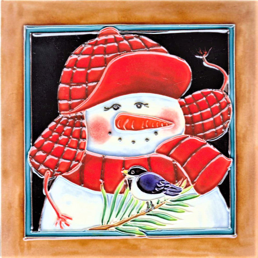 8x8" Snowman Wear Red Cap Ceramic Art Tile Hand Painted Trivet Hot Plate