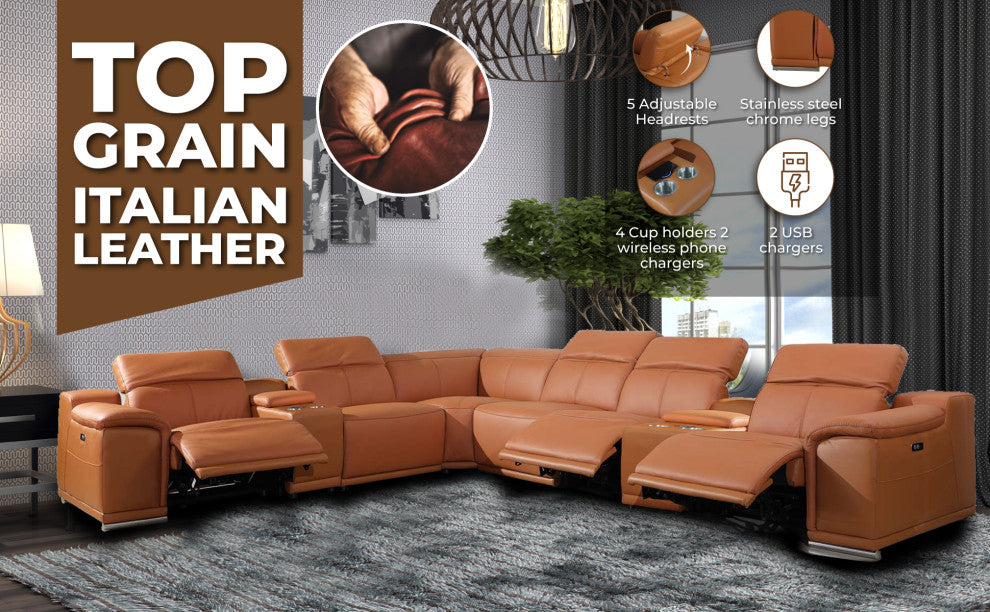 Federico 8-Piece L-Shaped Top Grain Italian Leather Sectional-4 Power Recliners, Camel