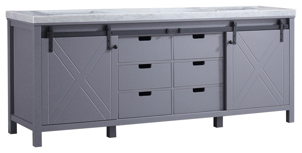Marsyas 84" Dark Gray Double Vanity, White Marble Top, White Sinks, No Mirror