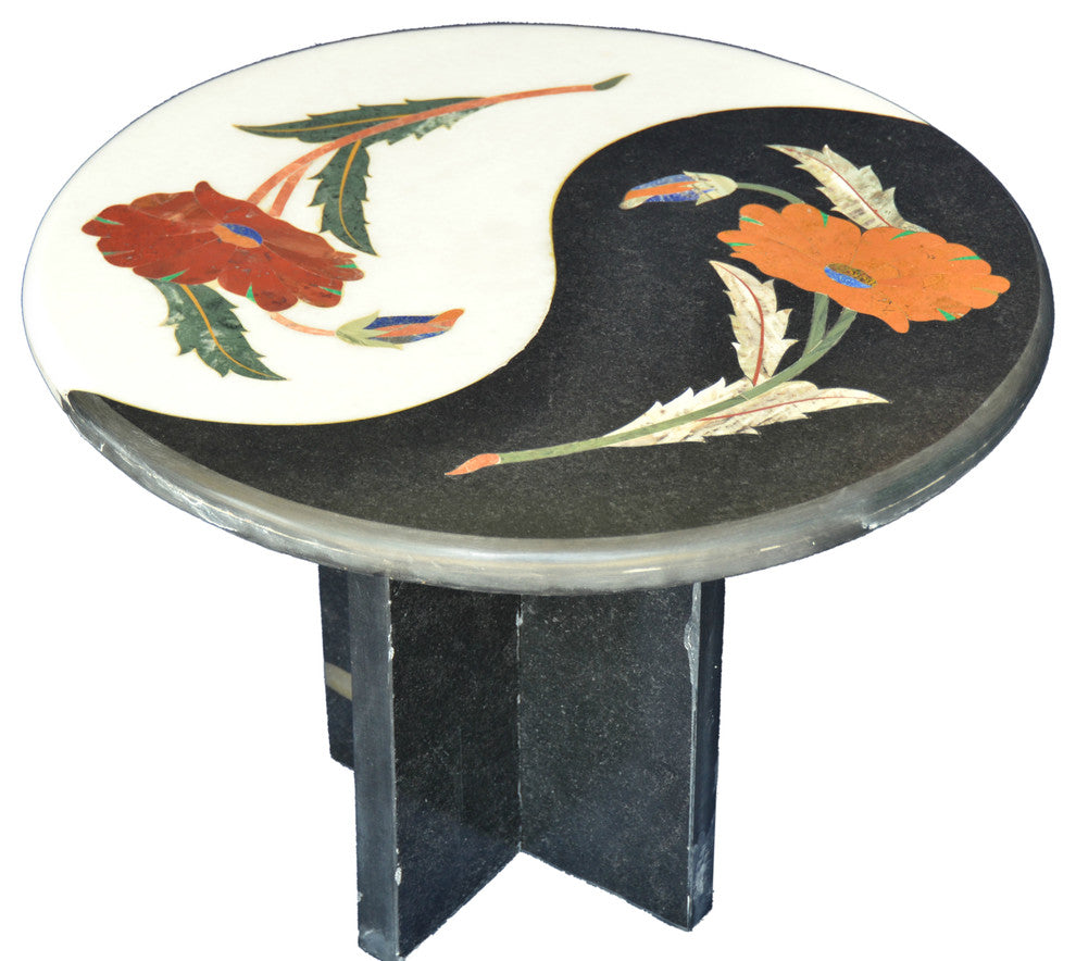 Floral Black and White Marble Inlay Table