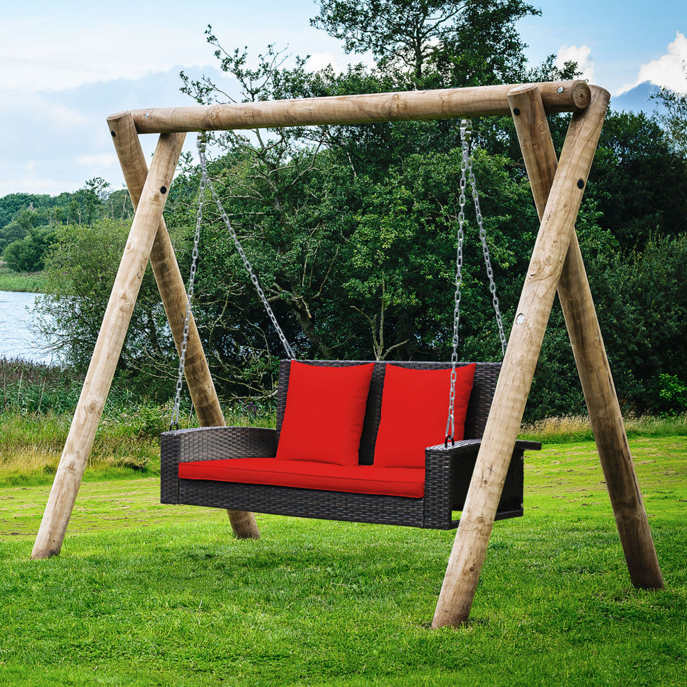 Costway 2-Person Patio Rattan Hanging Porch Swing Bench Chair Cushion Red