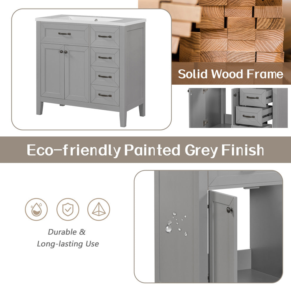 36 in. Freestanding Bathroom Vanity Set with Ceramic Integrated Single Sink, Grey