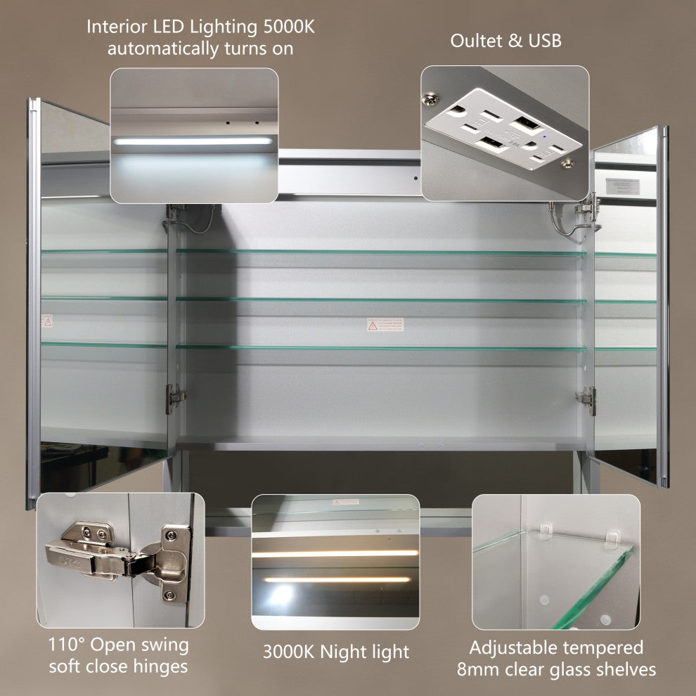 Aluminum Surface/Recessed Mount Medicine Cabinet with Mirror, Outlet and Lights, Sliver, 36" X32" in