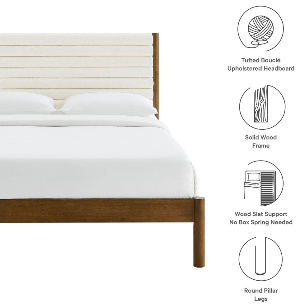 Olea Channel Tufted Boucle Solid Wood King Platform Bed, Feather Walnut