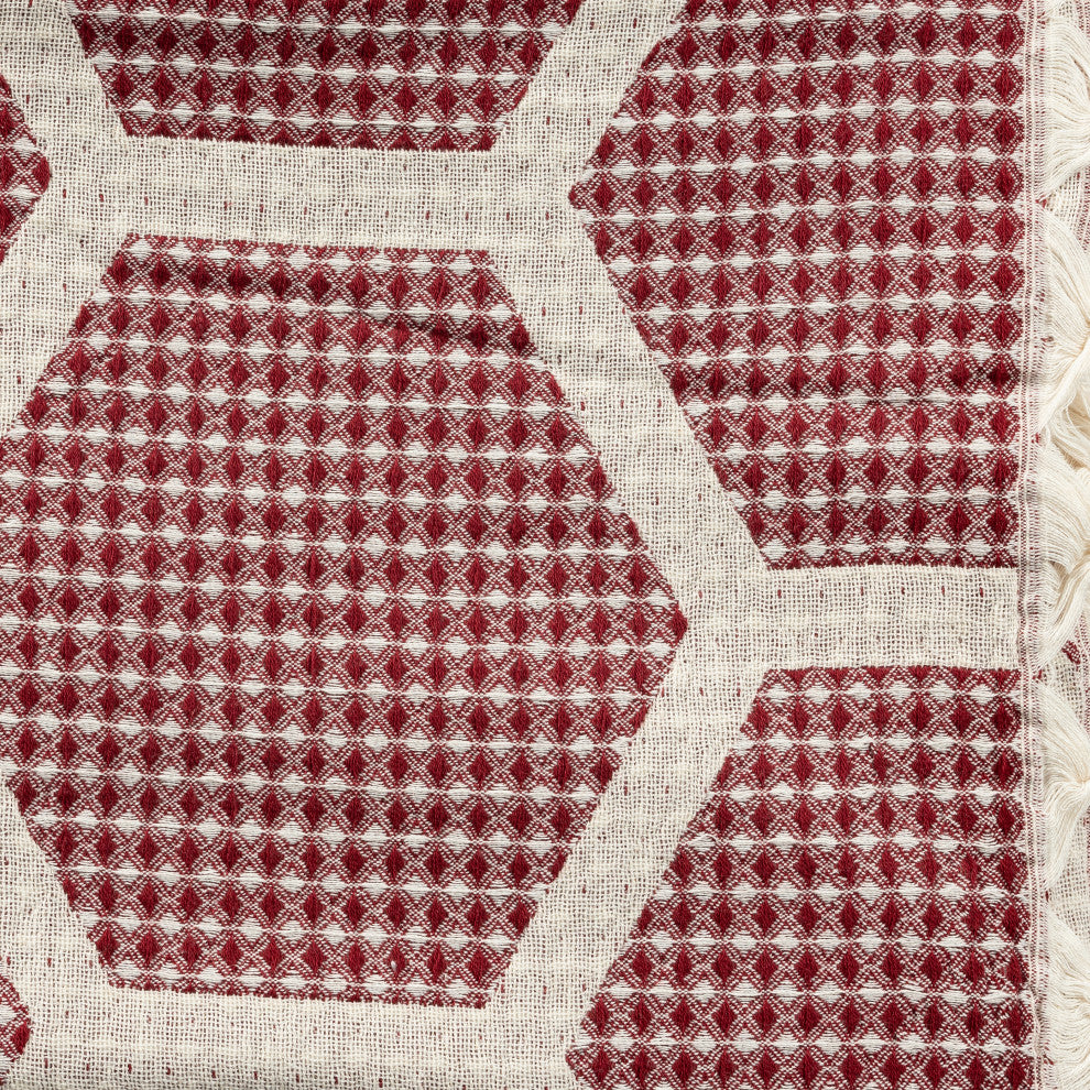 Blue/ Cream Geometric Turkish Organic Cotton Throw Blanket, Red