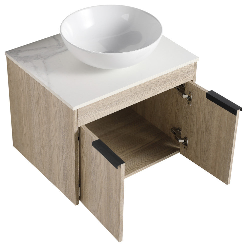 Wall-Mounted Bath Vanity, White Oak, White Ceramic Vessel Sink