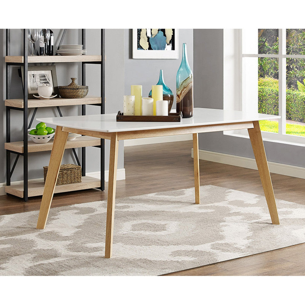 Midcentury Dining Table, Angled Natural Legs With Rectangular White Finished Top