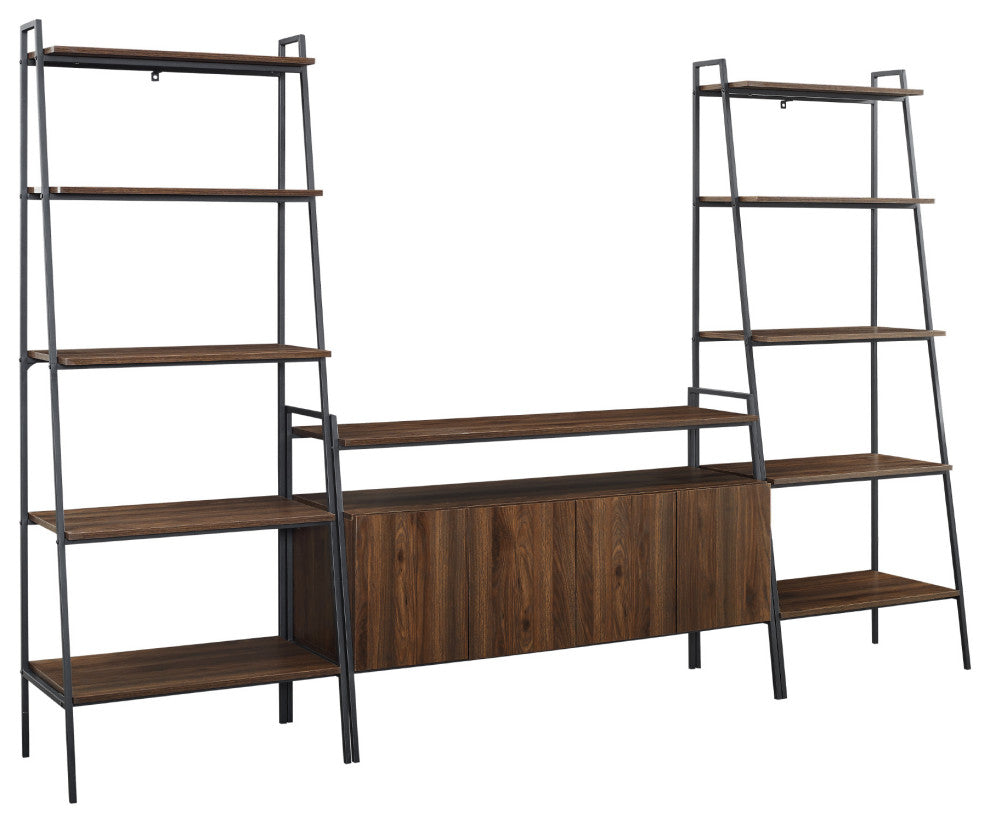 3 Piece Metal and Wood TV Console and Ladder Shelves - Dark Walnut