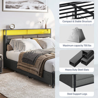 Full Size Bed Frame with Storage Drawers and Headboard (Gray)