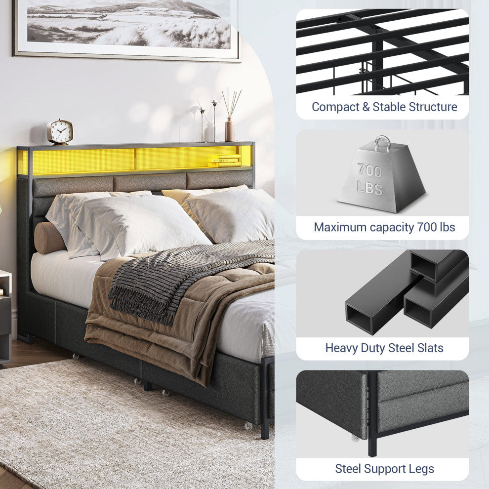 Full Size Bed Frame with Storage Drawers and Headboard (Gray)