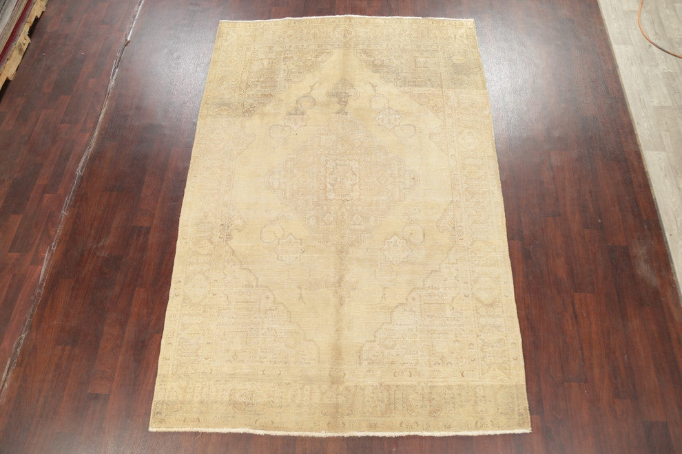 Consigned, Antique Handmade Distressed Traditional Persian Area Rug, Beige, 7x10