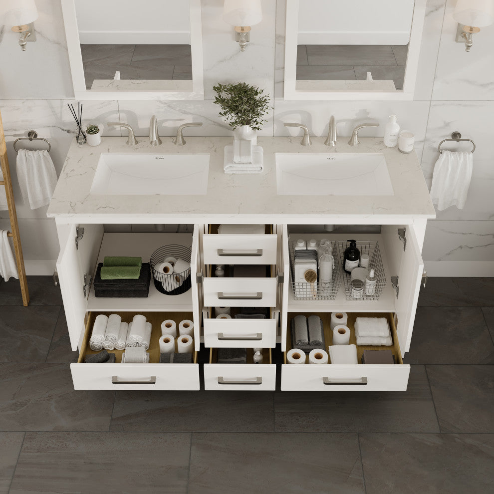 Eviva Aberdeen 60"Wx22"D Double Sink Bathroom Vanity, Quartz Countertop
