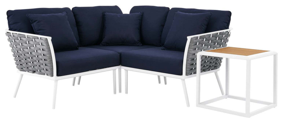 Lounge Sectional Sofa Chair Table Set, Navy White, Aluminum, Modern, Outdoor