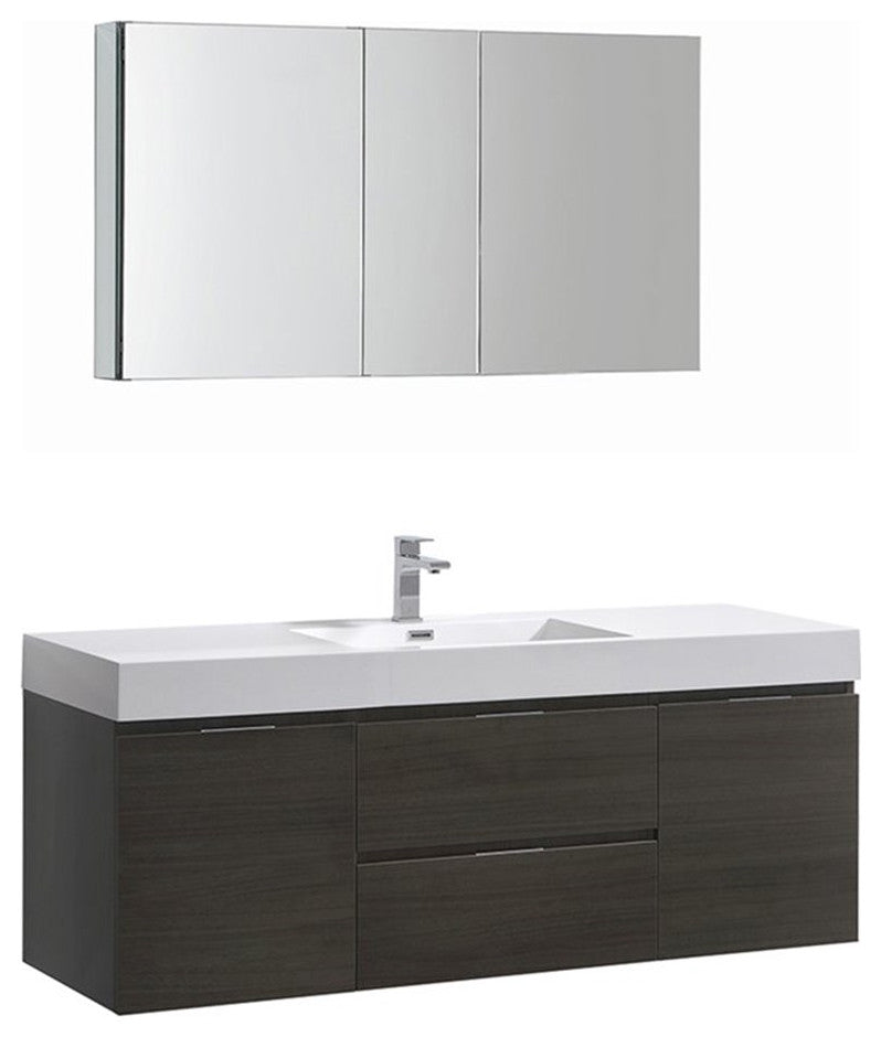 Valencia 60" Gray Oak Wall Hung Bathroom Vanity Set, Cabinet, Faucet FFT1030BN