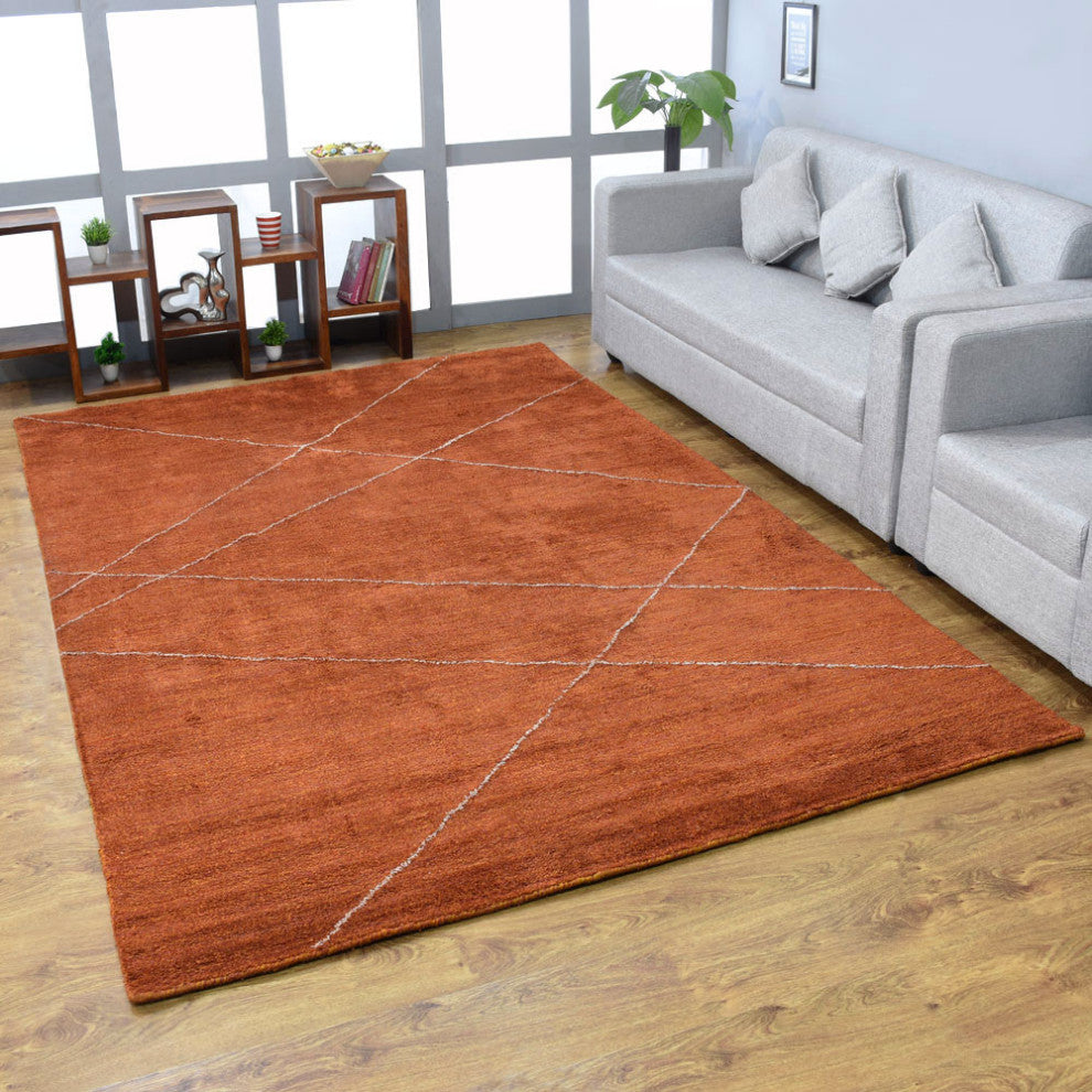 HAND KNOTTED LOOM SILK ECO-FRIENDLY RUGS-9'x12',Rectangle,Orange Beige,Geometric