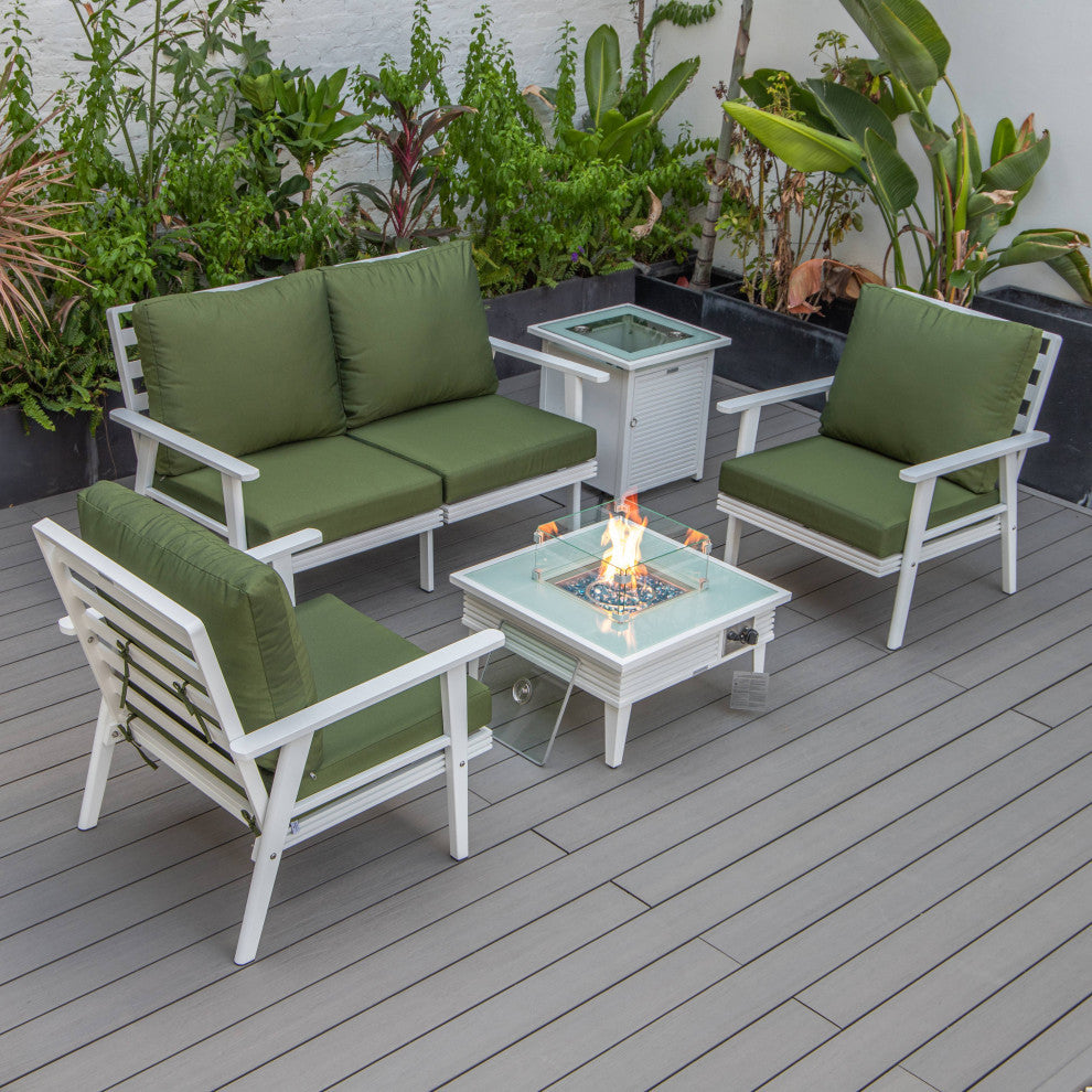 LeisureMod Walbrooke White Patio Conversation Set With Fire Pit, Green