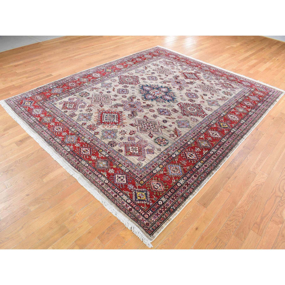 Camel Color Afghan Geometric Super Kazak Shiny Wool Hand Knotted Rug, 8'4"x10'2"