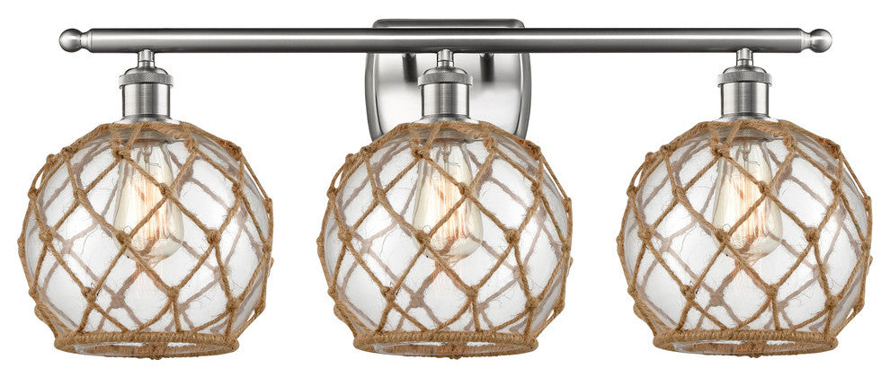 Farmhouse 3-Light Bath Vanity-Light, Brushed Satin, Clear Glass With Brown Rope