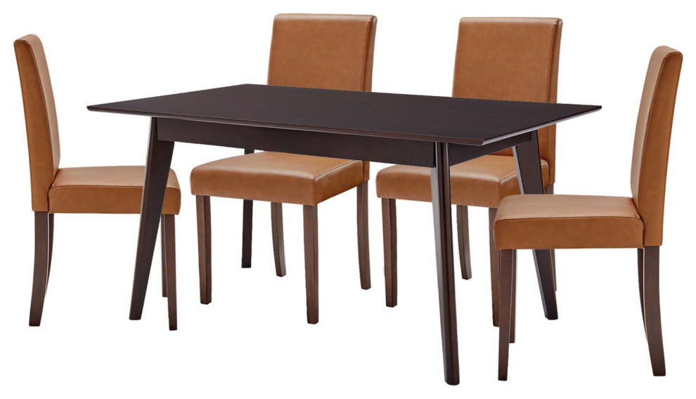 Side Dining Chair and Table Set, Faux Leather, Drak Brown Tan, Modern, Bistro