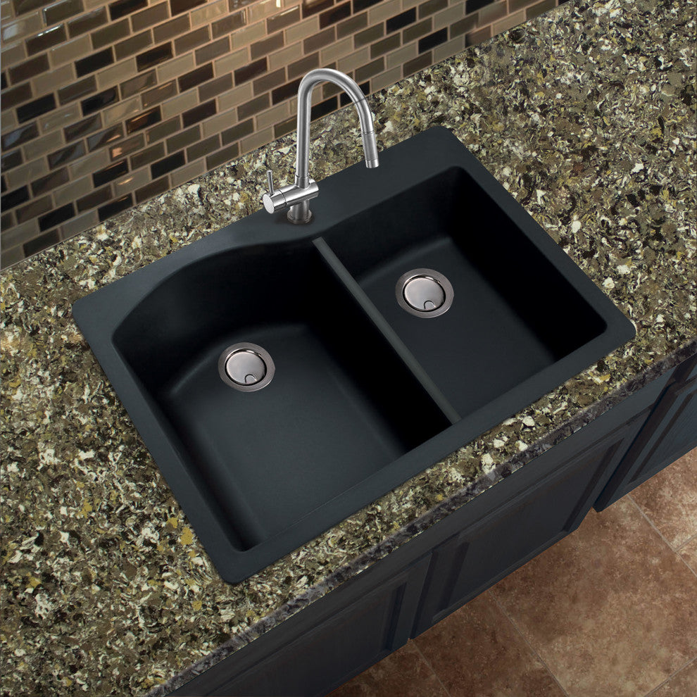 Aversa 33" silQ Granite Drop-in Double Bowl Kitchen Sink with 1 Hole in lack