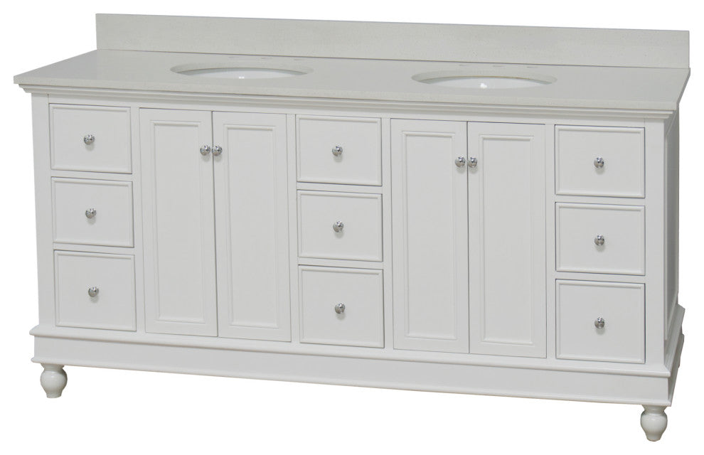 Bella 72" Double Bath Vanity, Base: White, Top: Quartz
