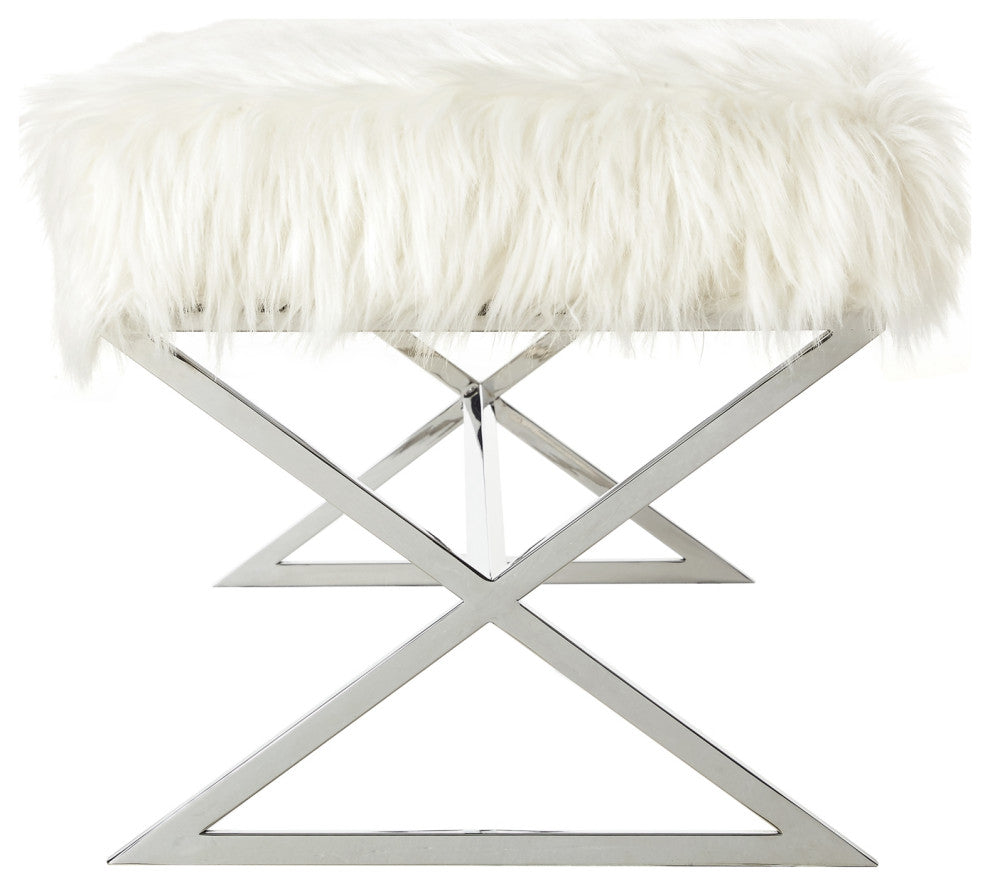 Oria Faux Fur X-Leg Base Bench, White and Chrome