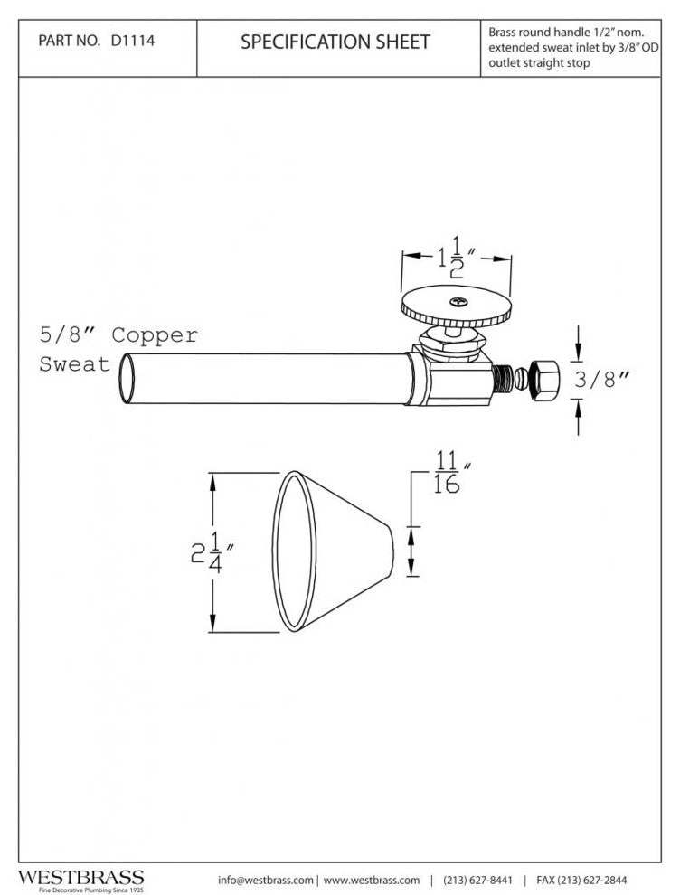 Straight Stop, Copper Sweat 1, 2"x3, 8" Od Comp., Powder Coated White