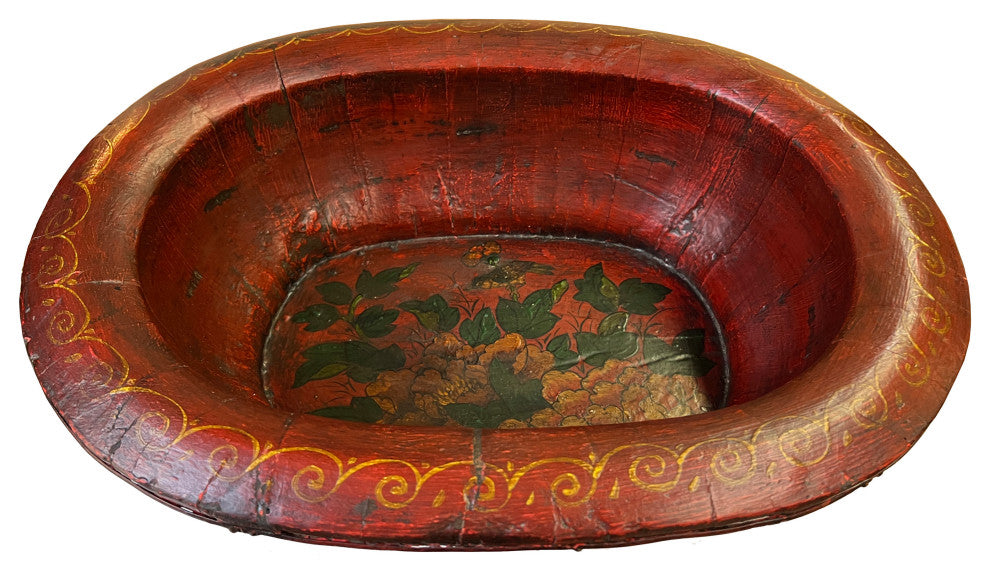 Chinese Vintage Distressed Brick Red Flower Oval Shape Wood Bucket Hws3118