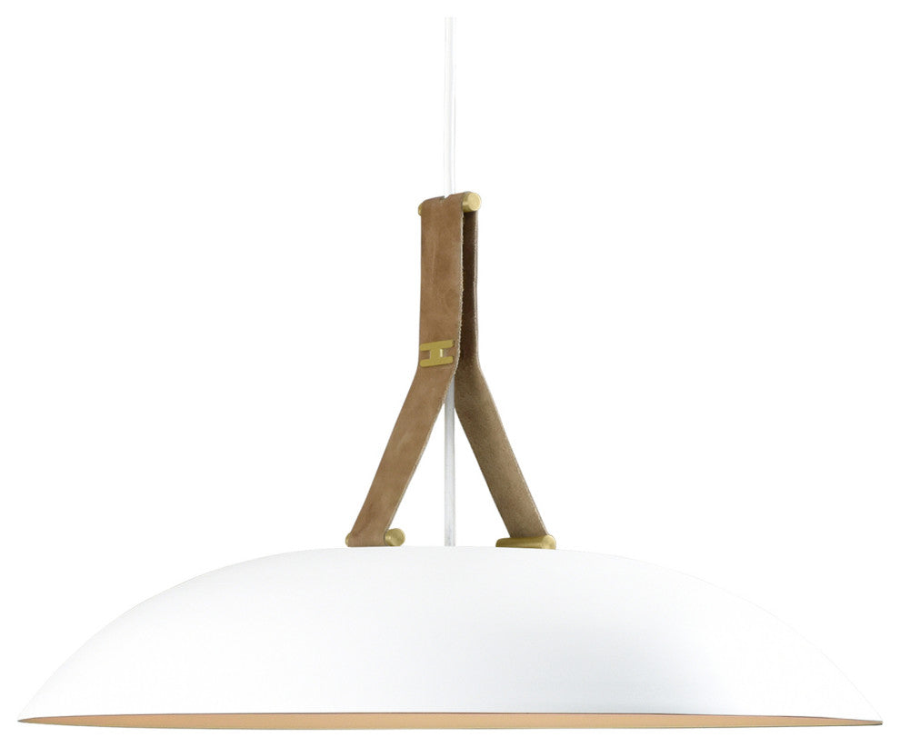 Volo LED Pendant, Blanc, White/Brushed Brass/Tan Leather/White Washed Oak, 2700K