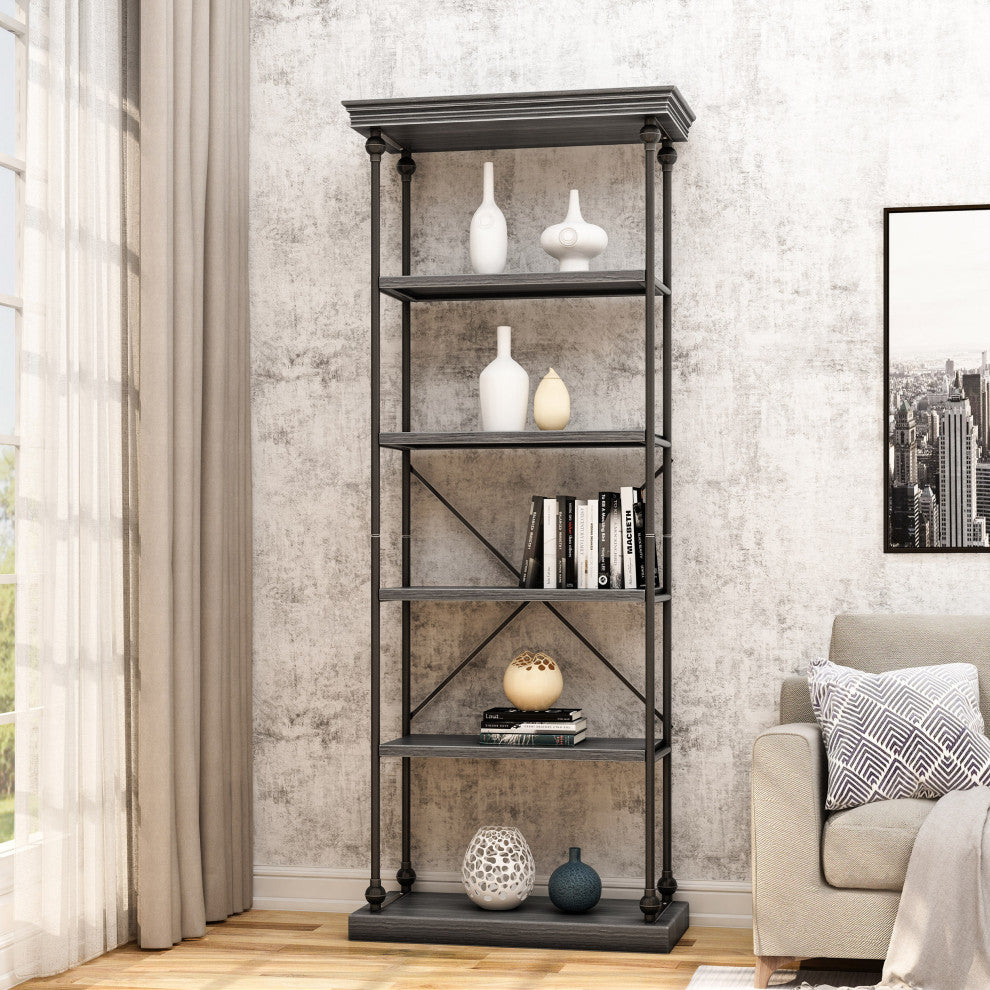 Alma Industrial 5 Shelf Firwood Bookcase, Pewter, Gray