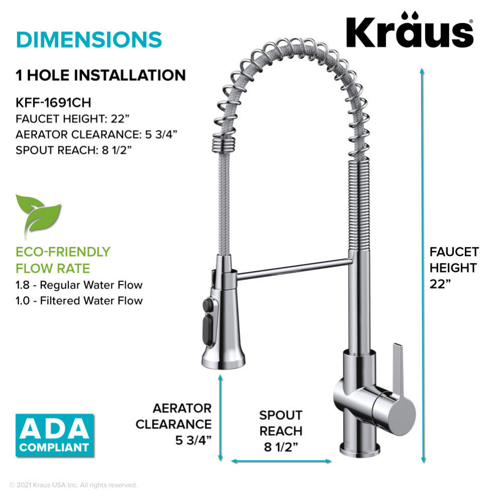 Britt Commercial Style 3-Function Pull-Down 1-Handle 1-Hole Kitchen Faucet, Chrome (Filter Kff-1691ch)