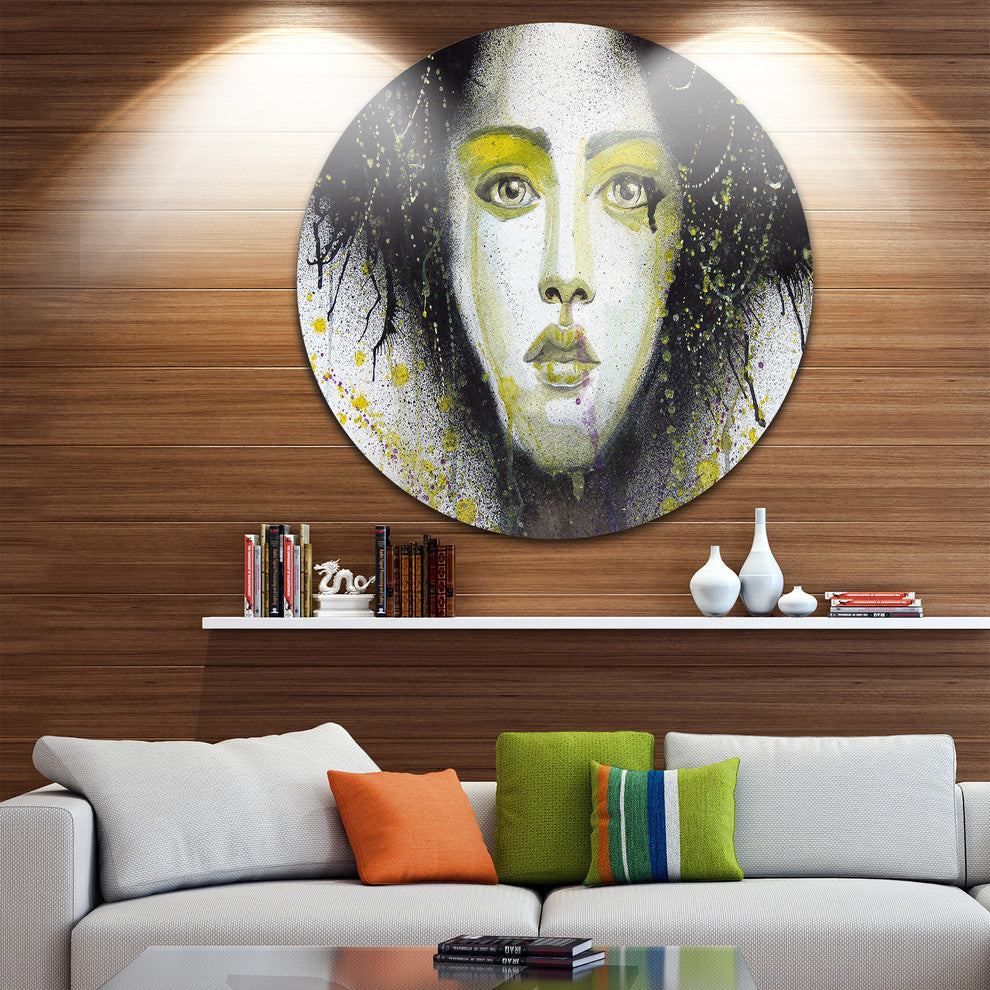 Girl With Yellow Eye Line, Portrait Digital Art Disc Metal Artwork, 11"