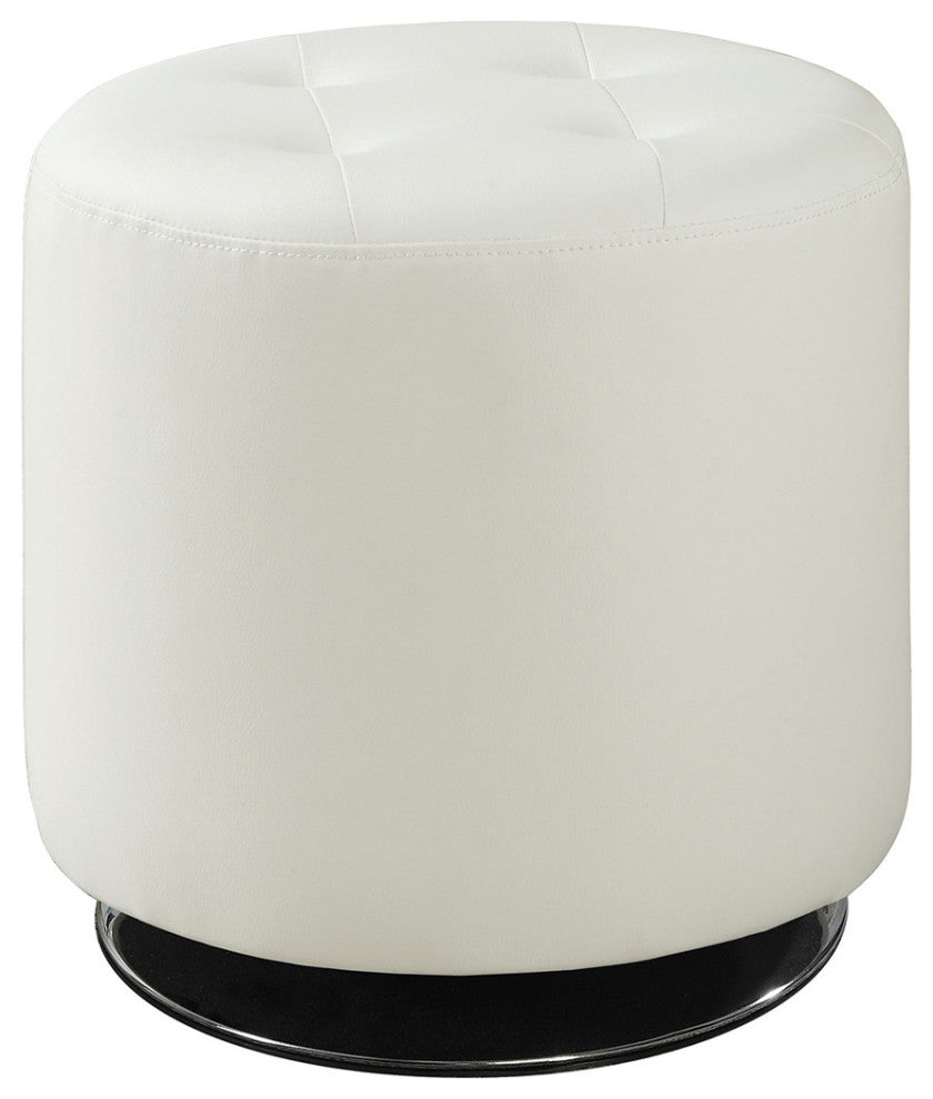 Round Leatherette Upholstered Ottoman, White