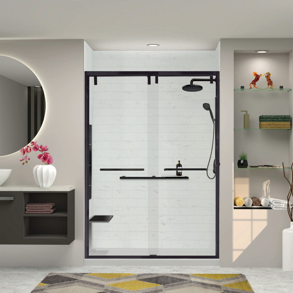 Eden 56-60" W x 80" H Shower Door, Iron Glass, Matte Black, Riley