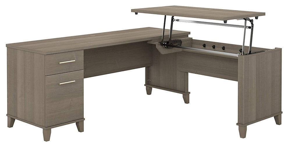 Unique Desk, L-Shaped Design With Rectangular Top and Lift Desktop, Ash Grey