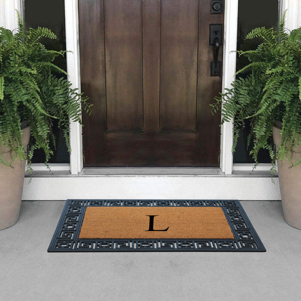 Rubber And Coir Greek Key Black Border 24"x36", Outdoor Monogrammed Doormat, L