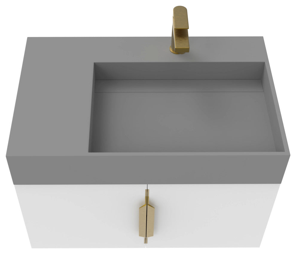 CastelloUSA Amazon 30" Right Wall Mounted Bathroom Vanity Set, White, Gray Top, Gold