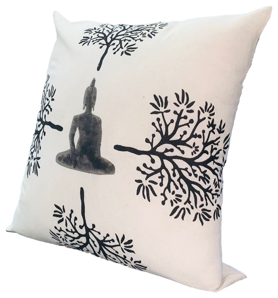 Benzara UPT-268962 Square Accent Throw Pillow, Meditating Buddha, Gray/White