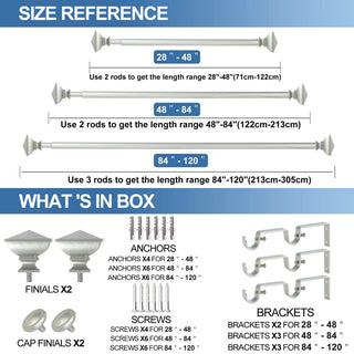 Square Urn Adjustable Double Curtain Rod Set, 5/8", Pewter, 28"-48"