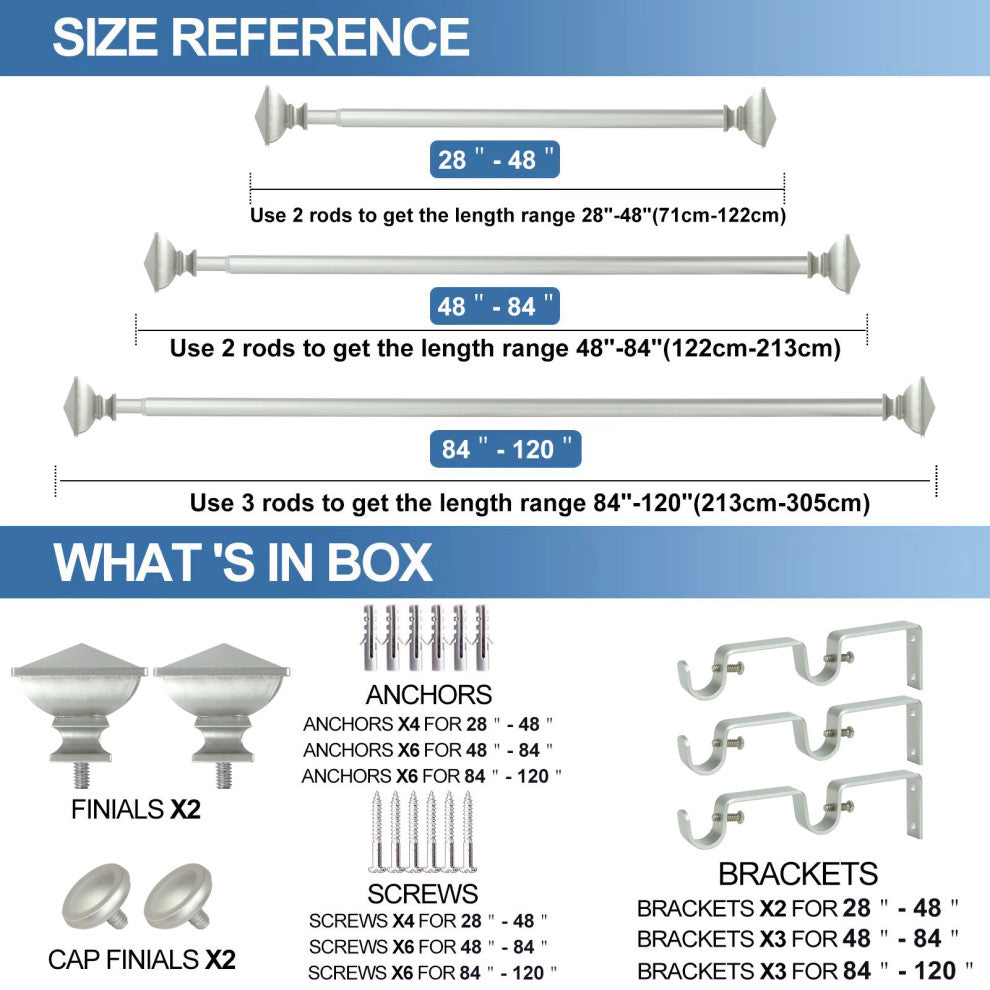Square Urn Adjustable Double Curtain Rod Set, 5/8", Pewter, 28"-48"