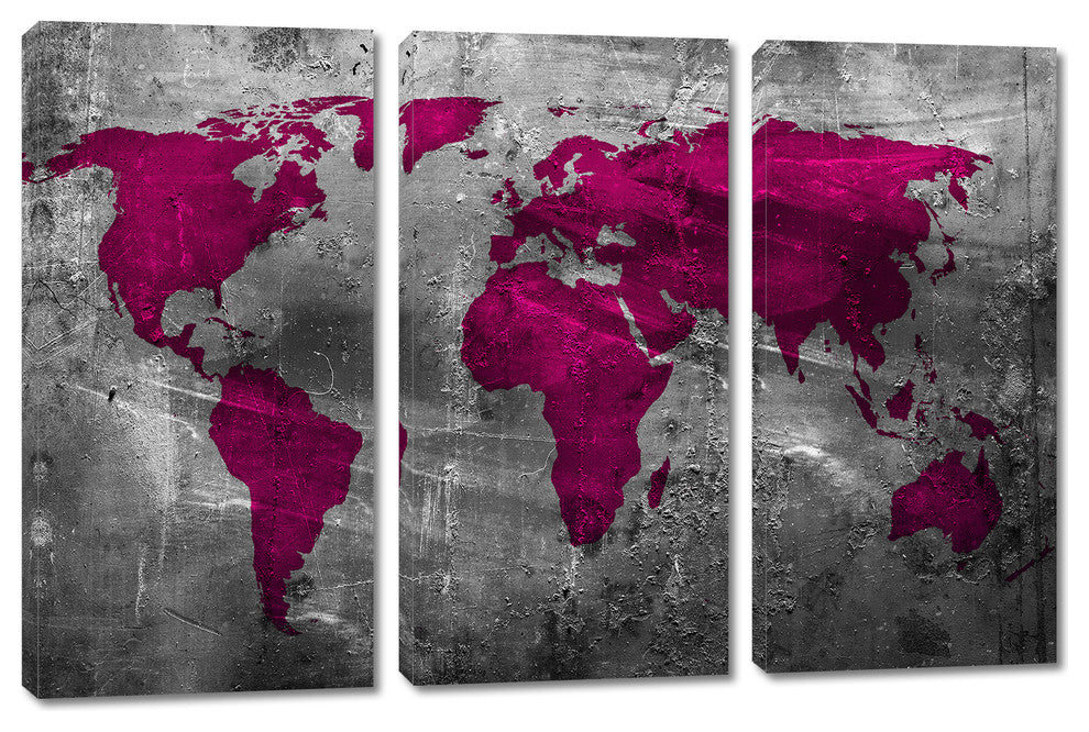 Abstract Amaranth Red World Map Canvas Print 3 Panel Split Triptych