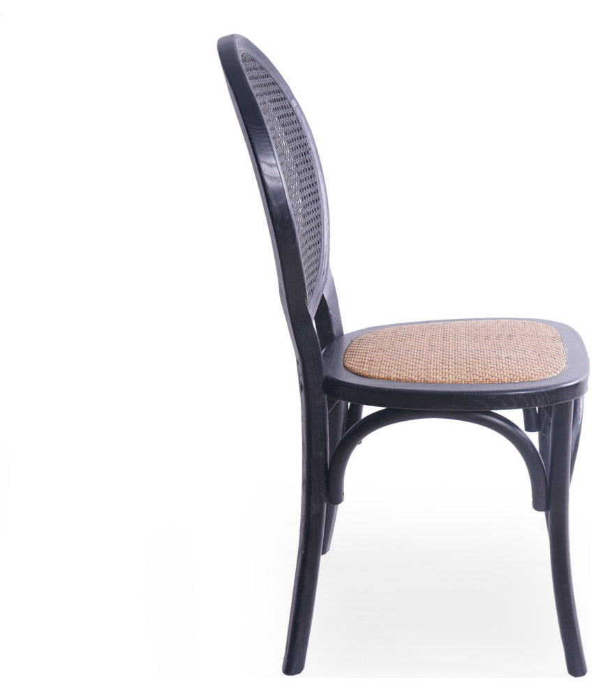 Bordeaux Elm Wood and Rattan Dining Chairs, Set of 2, Matte Black