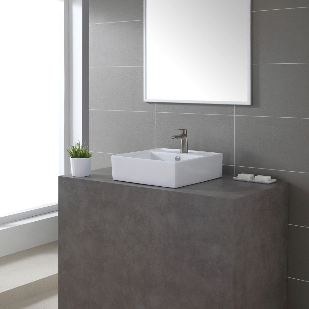 Elavo Ceramic Square Vessel White Sink, Overflow Drain Satin Nickel