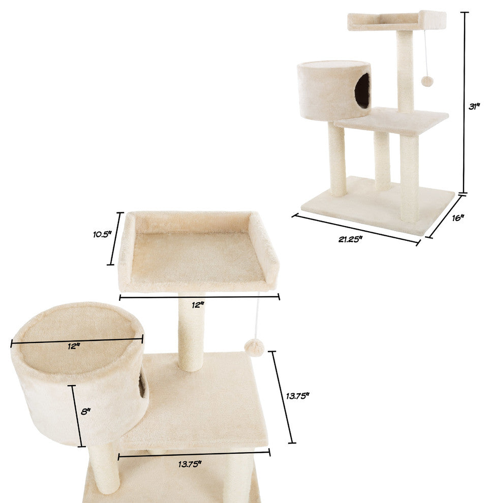 3-Tier Cat Tree 31" White Plush Cat Tower With Scratching Posts and Bed