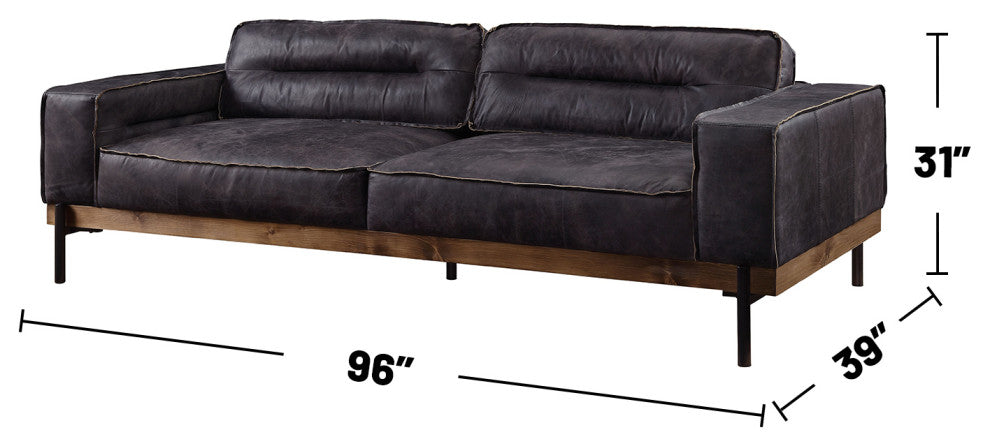 Top Grain Leather Sofa with Metal Legs in Antique Ebony