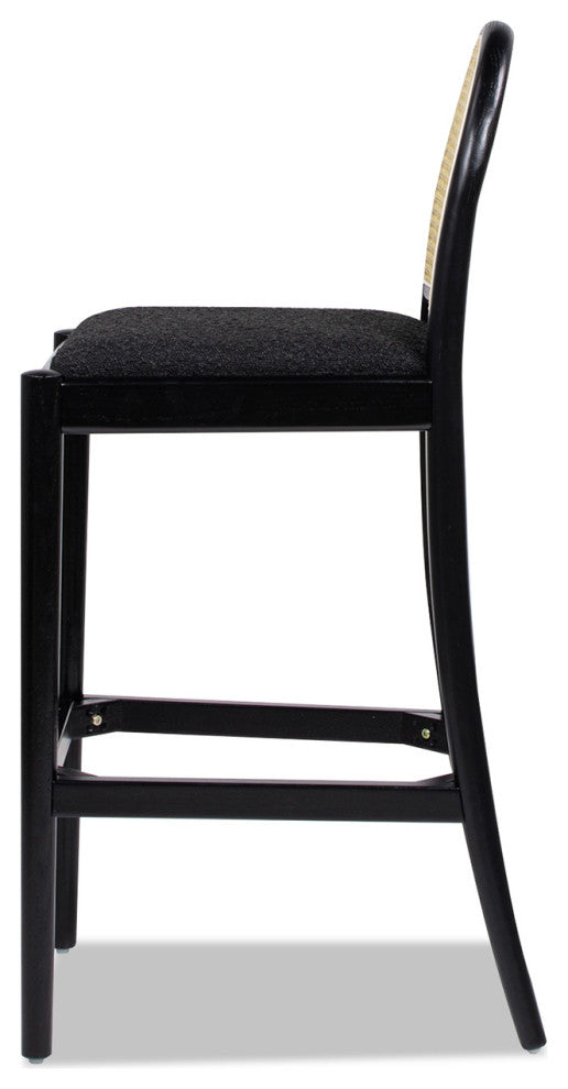 Panama Curved Back Cane Rattan Stool, Set of 2, Ebony Black Boucle, 30" Bar Height