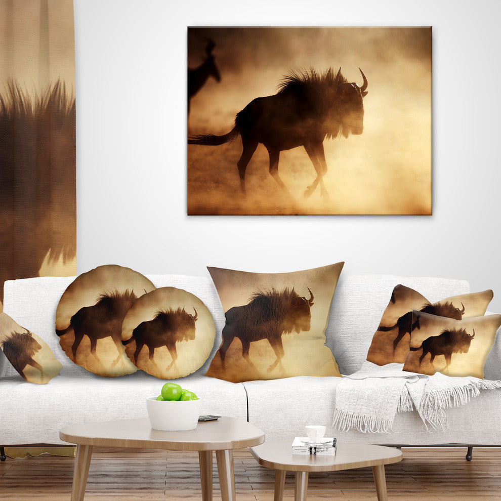 Blue Wildebeest Running in Dust African Throw Pillow, 16"x16"