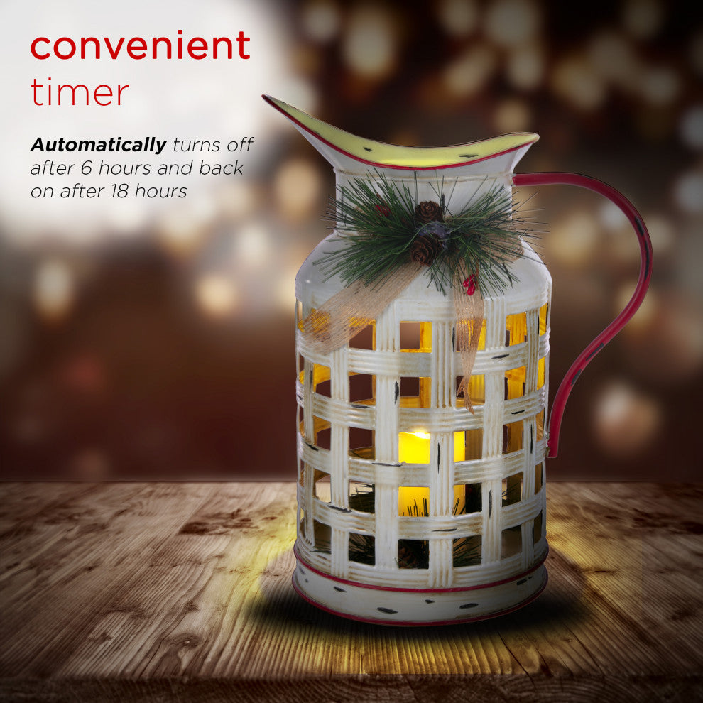 White Metal Pitcher with Candle DÃ©cor and LED Light
